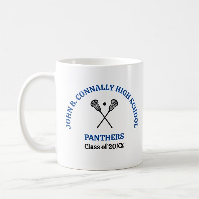 Blue High School Lacrosse Team Personalized Coffee Mug (Left)