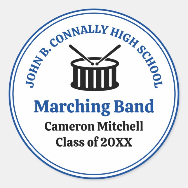 Blue High School Marching Band Customizable Classic Round Sticker (Front)