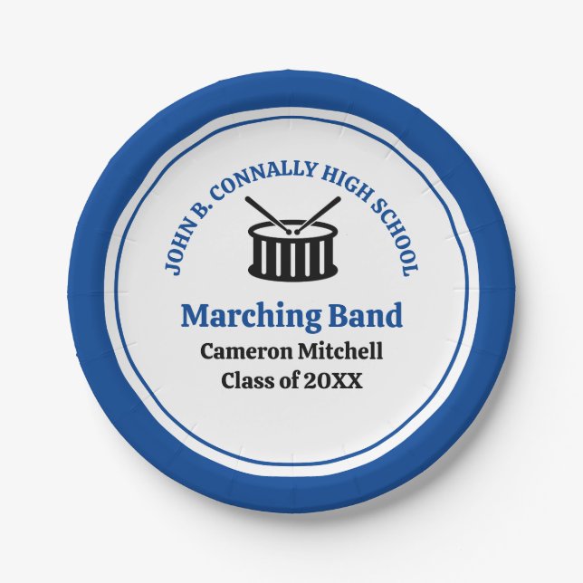 Blue High School Marching Band Graduation Party Paper Plates (Front)