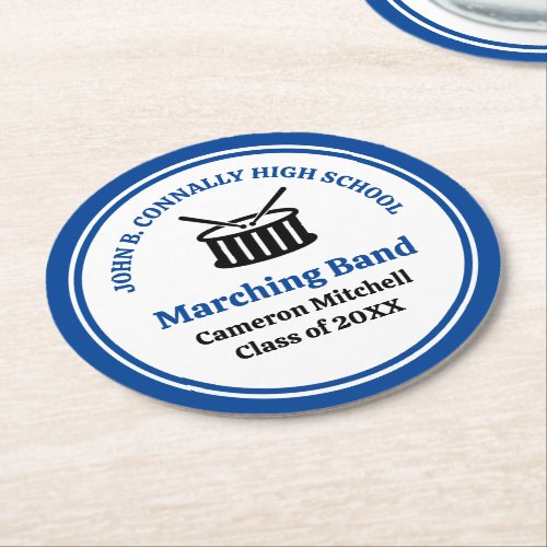 Blue High School Marching Band Graduation Party Round Paper Coaster
