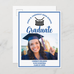 Blue High School Marching Band Graduation Photo Announcement Postcard