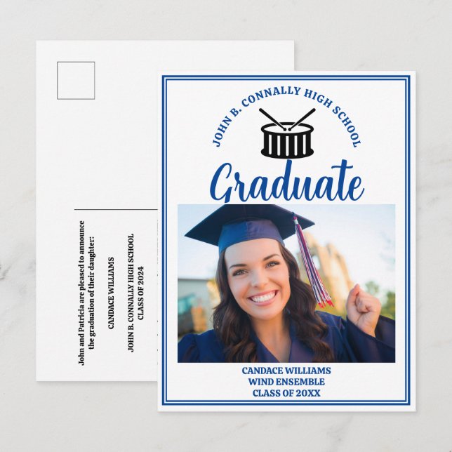 Blue High School Marching Band Graduation Photo Announcement Postcard (Front/Back)