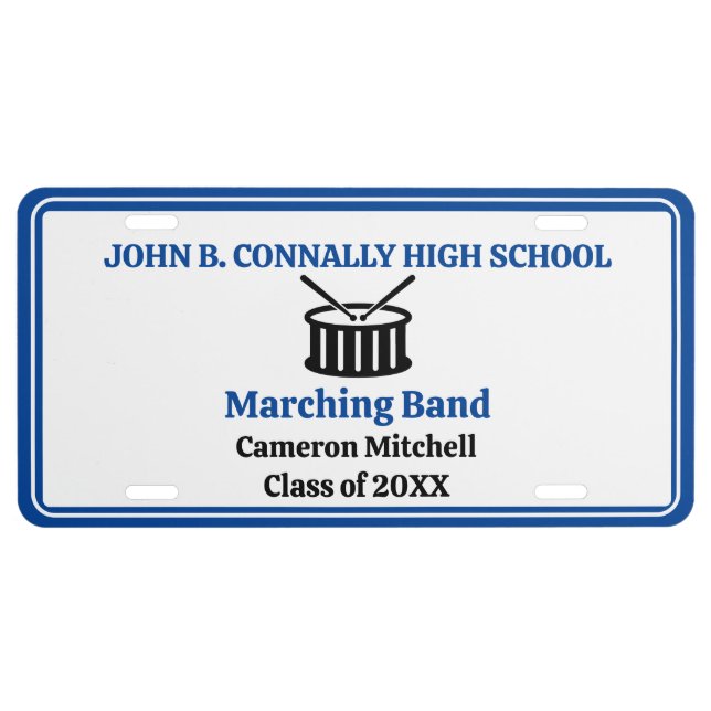 Blue High School Marching Band Personalized License Plate (Front)