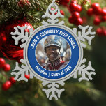 Blue High School Marching Band Photo Gift Snowflake Pewter Christmas Ornament<br><div class="desc">This cool customized high school marching band photo features white typography of your team and player name on a blue Christmas ornament keepsake gift. Personalize with your student's photograph and class year as a proud parent. A mom and dad can wear these buttons to competition and games.</div>