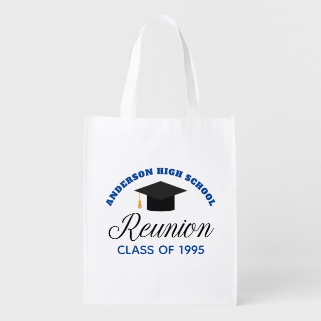 Blue High School Reunion Party Custom Alumni Grocery Bag (Front)