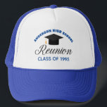 Blue High School Reunion Party Custom Alumni Trucker Hat<br><div class="desc">A classic custom class reunion hat for alumnus in blue and black typography for a high school,  college,  or university. Customize with your school name and graduating class for great personalized alumni celebration keepsake gifts.</div>