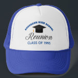 Blue High School Reunion Party Custom Alumni Trucker Hat<br><div class="desc">A classic custom class reunion hat for alumnus in blue and black typography for a high school,  college,  or university. Customize with your school name and graduating class for great personalized alumni celebration keepsake gifts.</div>