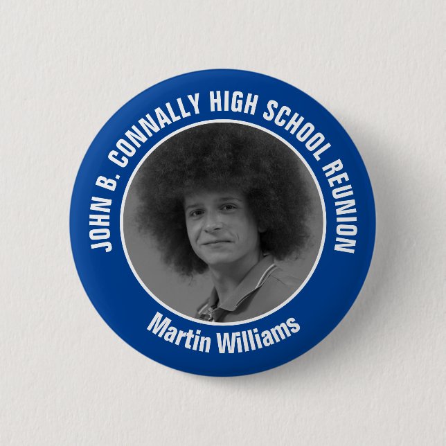 Blue High School Reunion Yearbook Photo Button (Front)