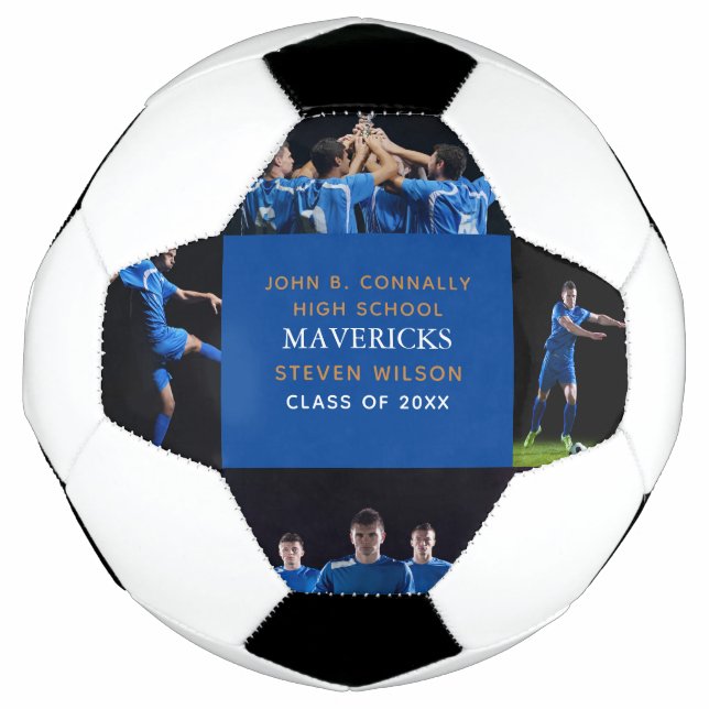 Blue High School Senior 4 Photo Cool Personalized Soccer Ball (Front)