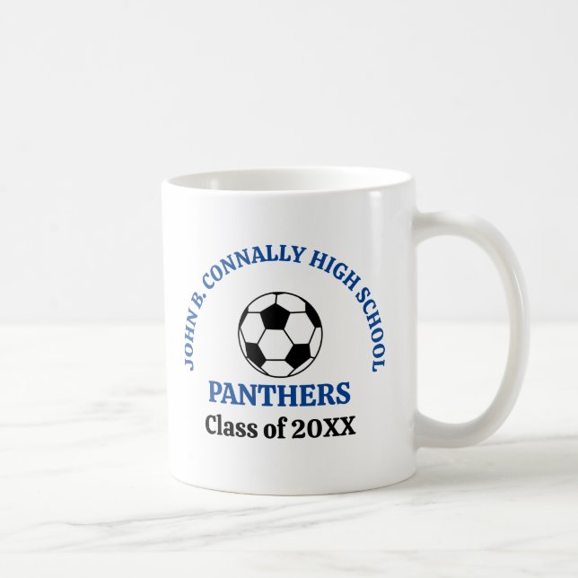 Blue High School Soccer Team Personalized Coffee Mug (Right)