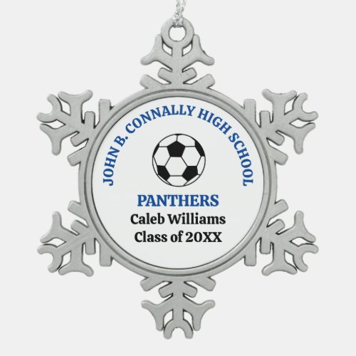 Blue High School Soccer Team Personalized Snowflake Pewter Christmas Ornament