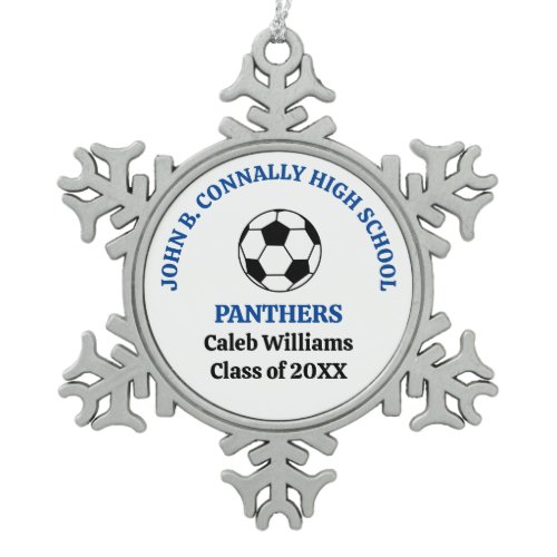 Blue High School Soccer Team Personalized Snowflake Pewter Christmas Ornament