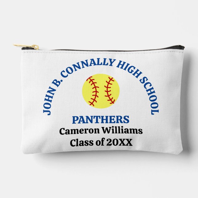 Blue High School Softball Player Personalized Accessory Pouch (Front)