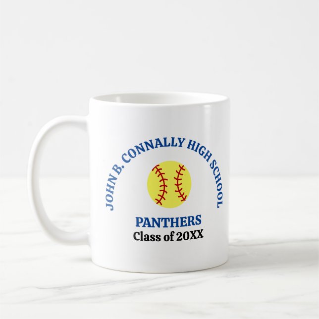 Blue High School Softball Player Personalized Coffee Mug (Left)