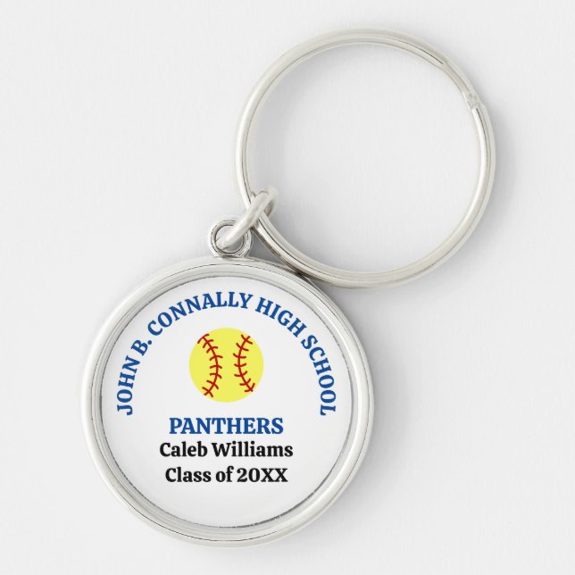 Blue High School Softball Player Personalized Keychain (Front)
