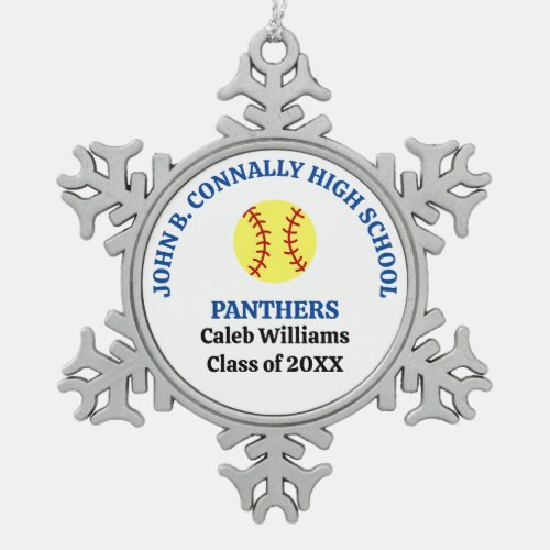 Blue High School Softball Player Personalized Snowflake Pewter Christmas Ornament