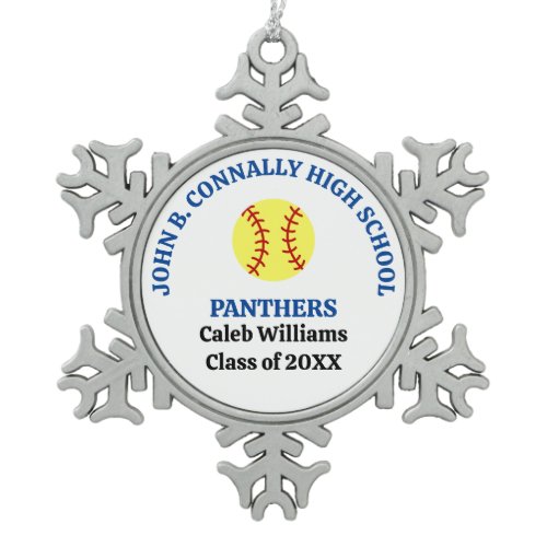 Blue High School Softball Player Personalized Snowflake Pewter Christmas Ornament