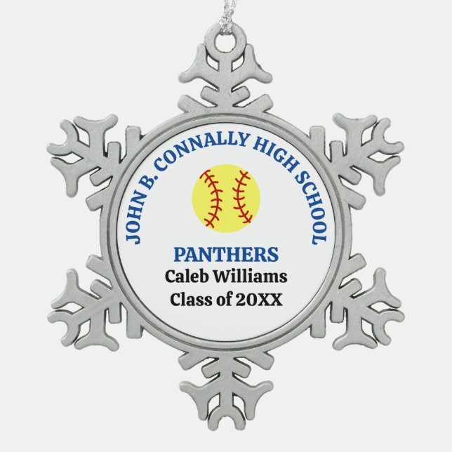 Blue High School Softball Player Personalized Snowflake Pewter Christmas Ornament (Front)