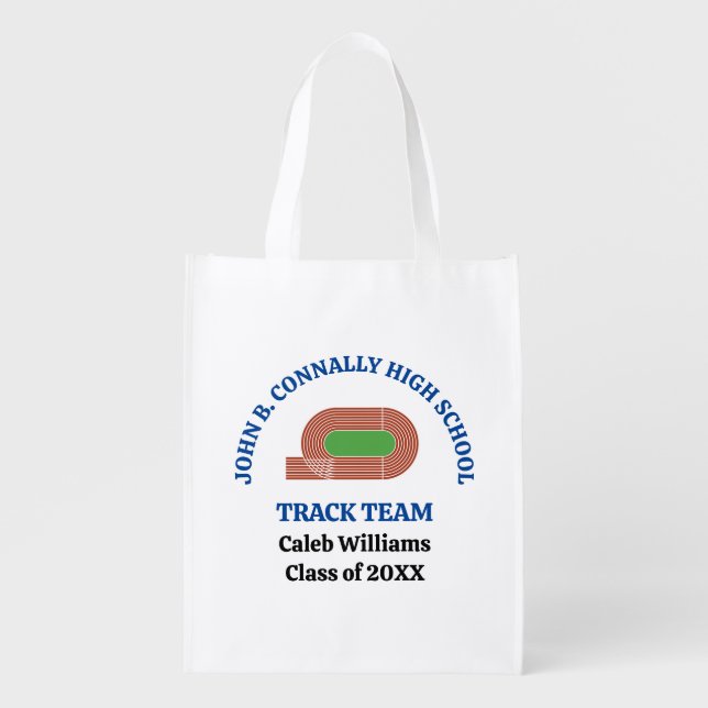Blue High School Track & Field Team Personalized Grocery Bag (Front)