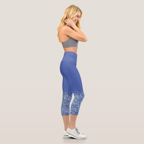 Blue High Waisted Capris Yoga Pants Fancy Sparkle