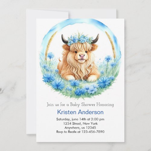 Blue Highland Cow Adventure Boy Baby Shower Invitation