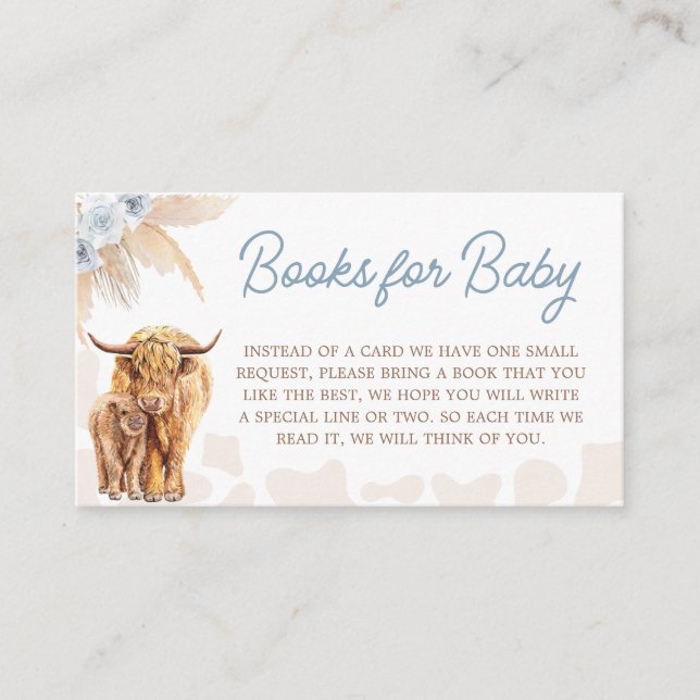 Blue Highland Cow Baby Shower Books for Baby Enclosure Card (Front)