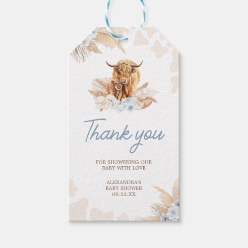 Blue Highland Cow Baby Shower Favor Tags