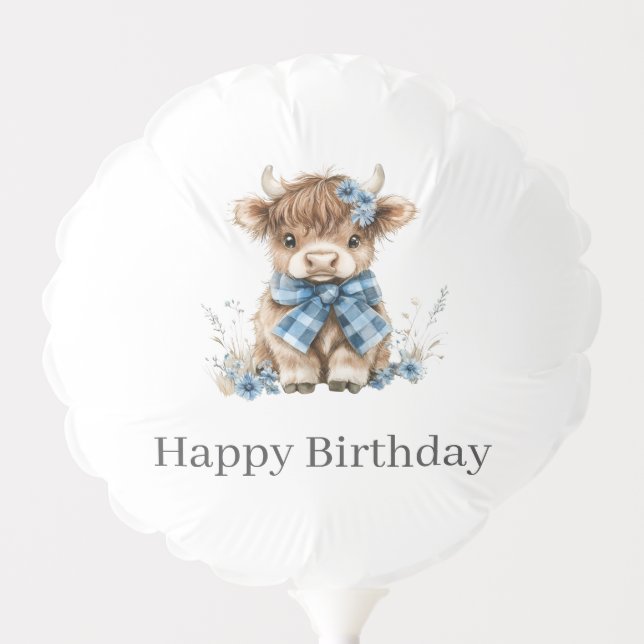 Blue Highland Cow Birthday  Balloon (Front)