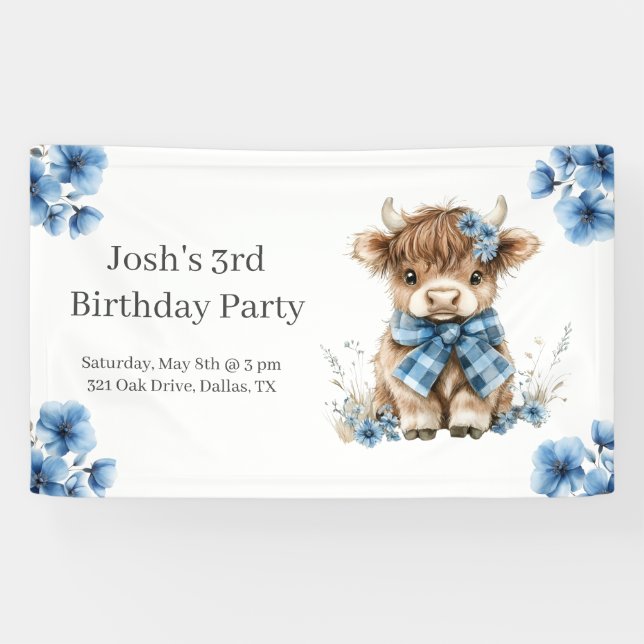 Blue Highland Cow Birthday Party Banner (Horizontal)