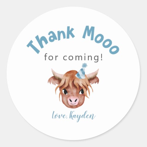 Blue Highland Cow Birthday Party Favor  Classic Round Sticker