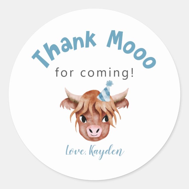 Blue Highland Cow Birthday Party Favor  Classic Round Sticker (Front)