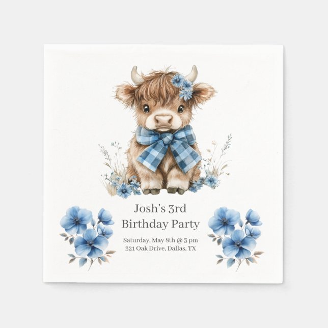 Blue Highland Cow Birthday Party Napkins (Front)