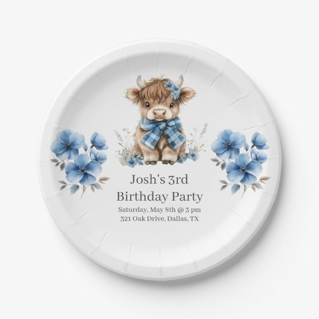 Blue Highland Cow Birthday Party Paper Plates (Front)