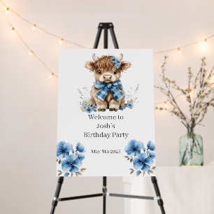Blue Highland Cow Birthday Welcome Sign