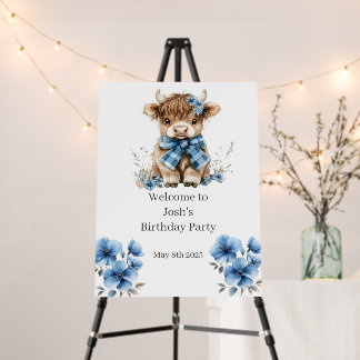 Blue Highland Cow Birthday Welcome Sign