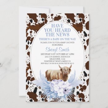 Blue Highland Cow Boho Floral Baby Shower Invitation by figtreedesign at Zazzle