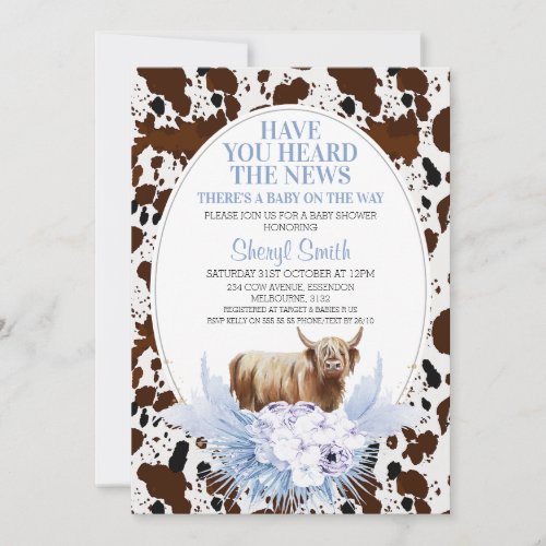 Blue Highland Cow Boho Floral Baby Shower Invitation