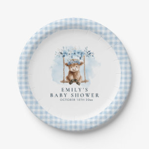 Blue Highland Cow Boy Baby Shower Paper Plates