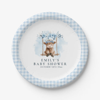 Blue Highland Cow Boy Baby Shower Paper Plates