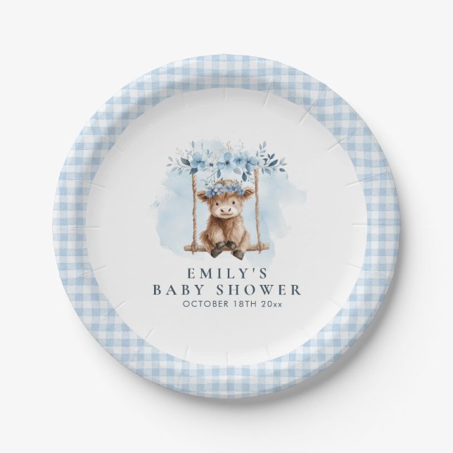 Blue Highland Cow Boy Baby Shower Paper Plates (Front)
