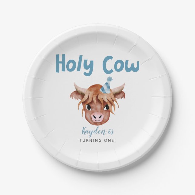 Blue Highland Cow Boy's Birthday Party  Paper Plates (Front)