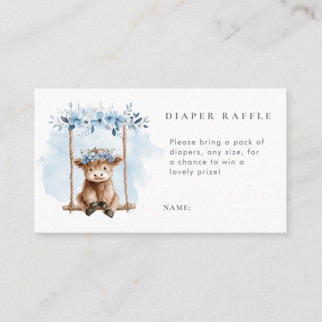 Blue Highland Cow Diaper Raffle Baby Shower Enclosure Card (Front)
