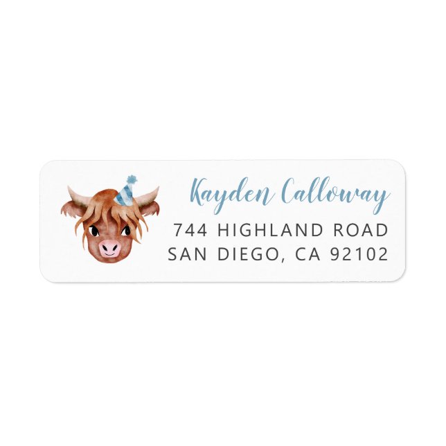 Blue Highland Cow Return Address Label (Front)