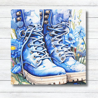 Blue Hiking Boots with Wildflowers Canvas Print