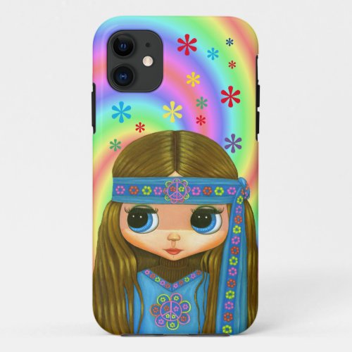 Blue Hippie Chick Flower Power Peace Sign 1960s iPhone 11 Case