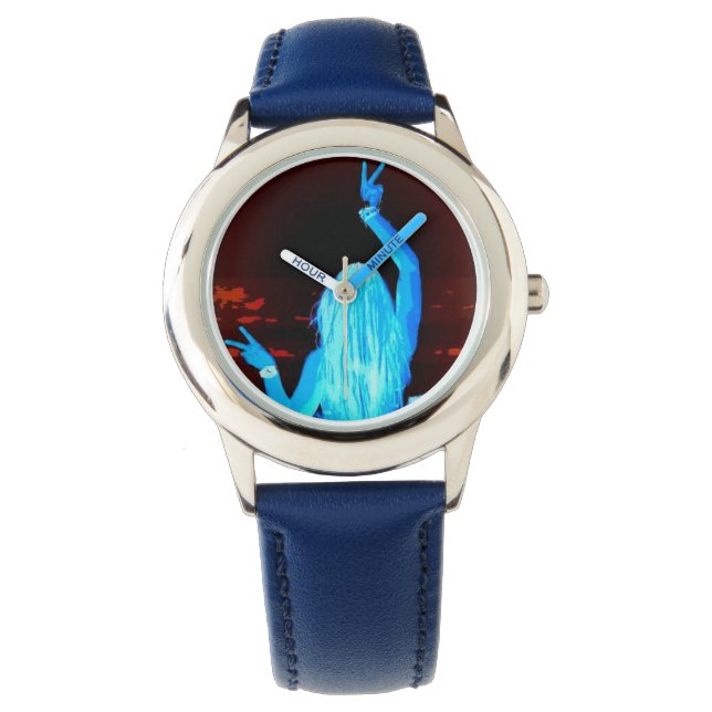 blue hippie girl waving peace sign watch (Front)