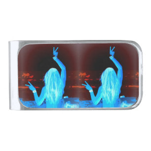 blue hippie girls peace sign silver finish money clip