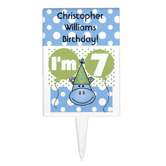 Blue Hippo 7th Birthday Cake Topper (Front)