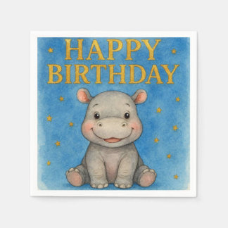 Blue Hippo Birthday Napkins. Napkins