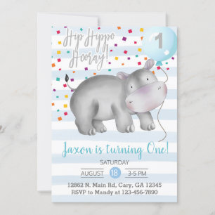 Blue hippo boy 1st first birthday invitation. invitation